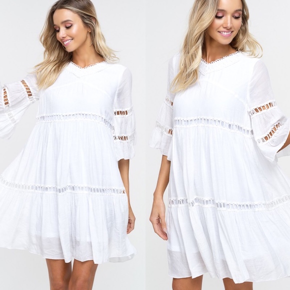 Boho white Lace insert flounce sleeve Mini dress - Picture 2 of 4